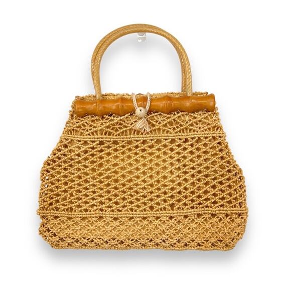 Jute handbag brown geometric open weave round handle carved wood Italy boho - Picture 1 of 12